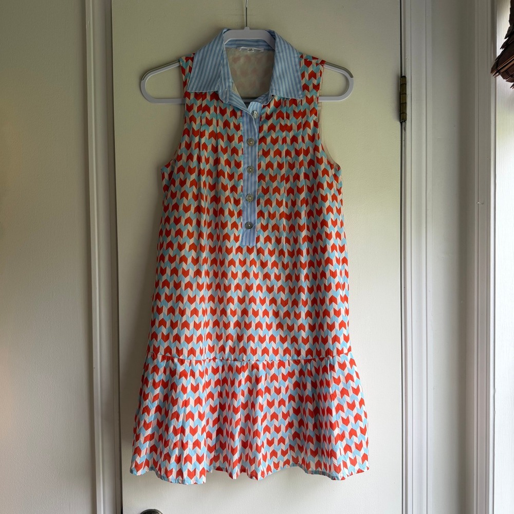 THML Womens Chevron Print Sleeveless Shirt Dress Orange Blue Striped Collar XS